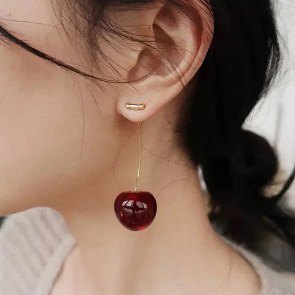 Drop Cherry Earrings With Gold Stems
